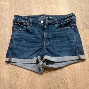 American Eagle Hi V Rise Shortie Womens Dark Blue Denim Roll-Cuff Shorts Jeans